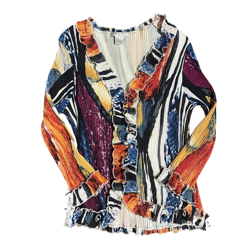 Alberto Makali Pleated Ruffle Cardigan‎ Top Abstract Sequin Art to Wear Medium